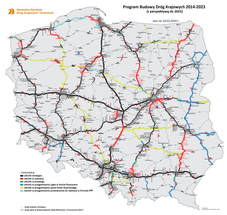 Mapa dróg ekspresowych na 10 marca 2020 r. Źródło: GDDKiA